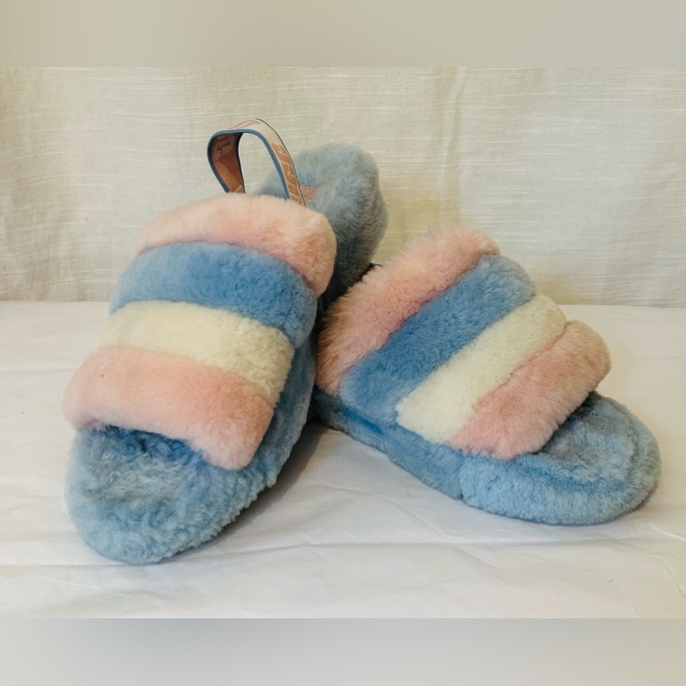 Ugg Australia‎ Yeah Slide Fluffy Striped Slippers Rainbow Pride Luxury Designer
